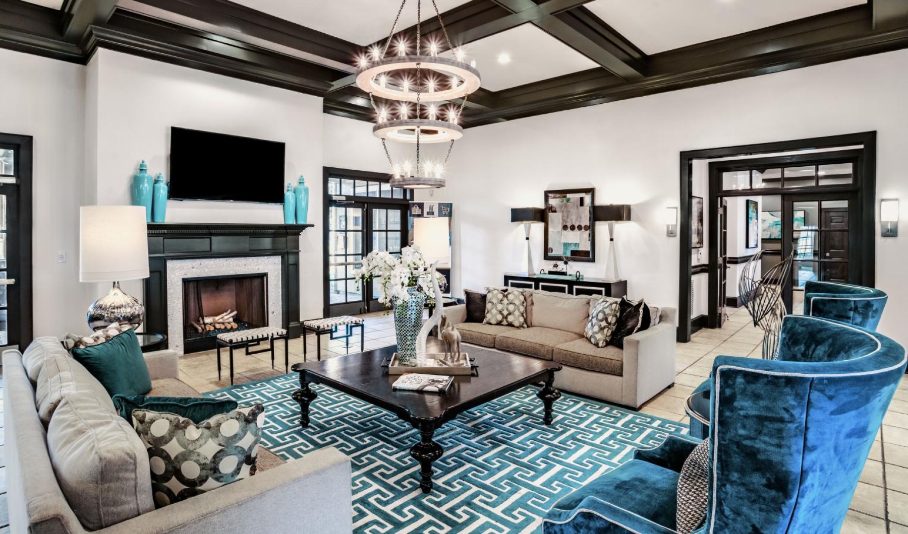 a large room with a fireplace