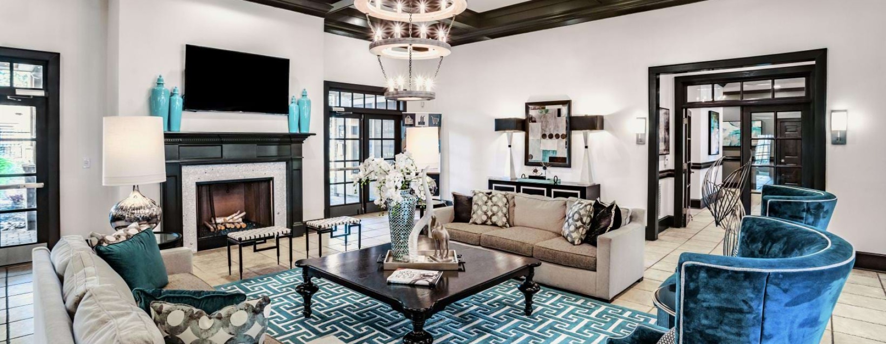 a large room with a fireplace