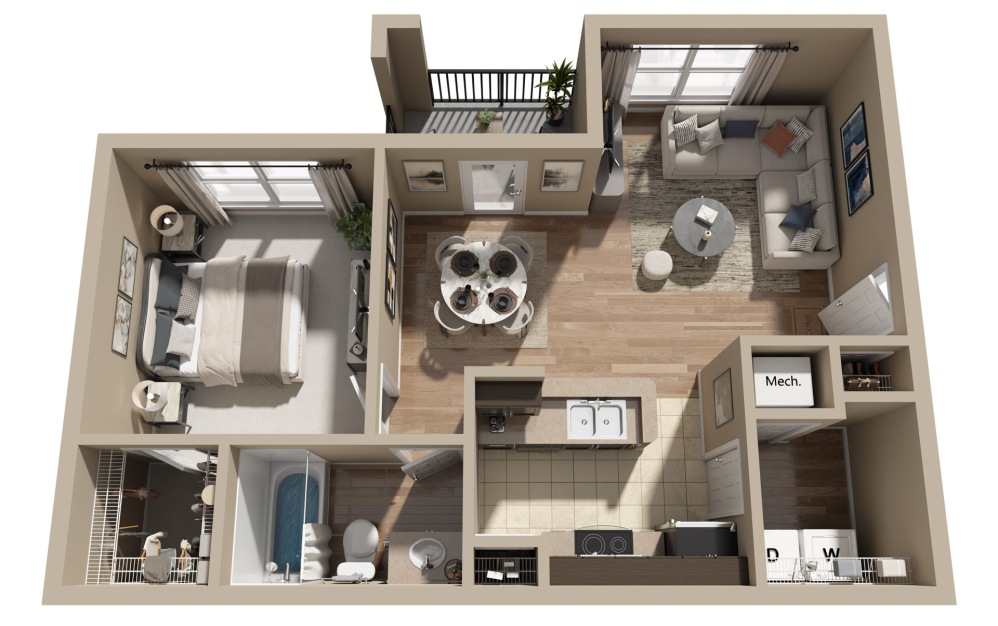 A1 - 1 bedroom floorplan layout with 1 bathroom and 680 square feet (3D)