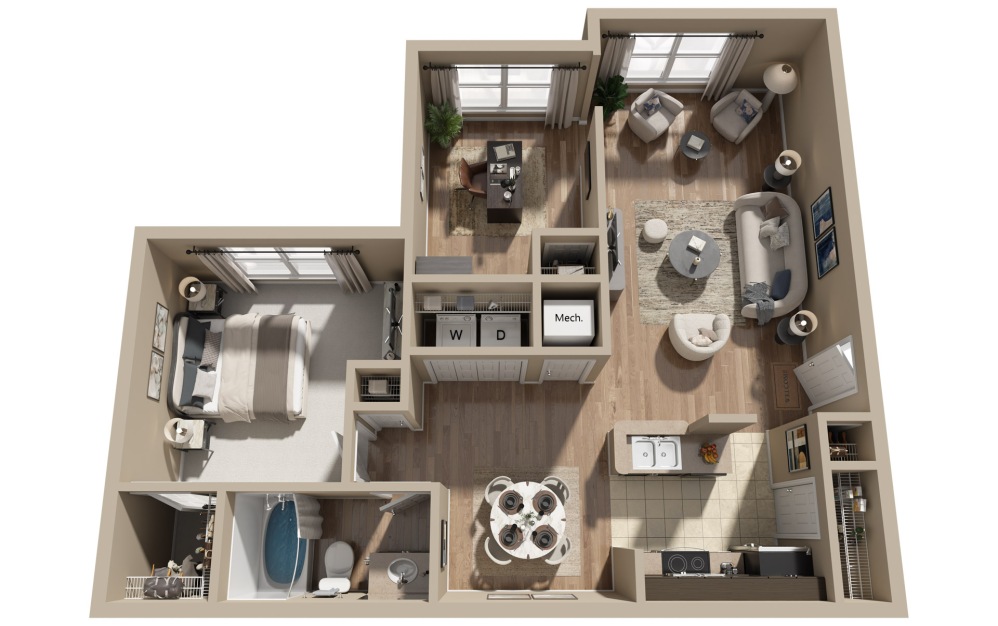 A2 - 1 bedroom floorplan layout with 1 bathroom and 907 square feet (3D)