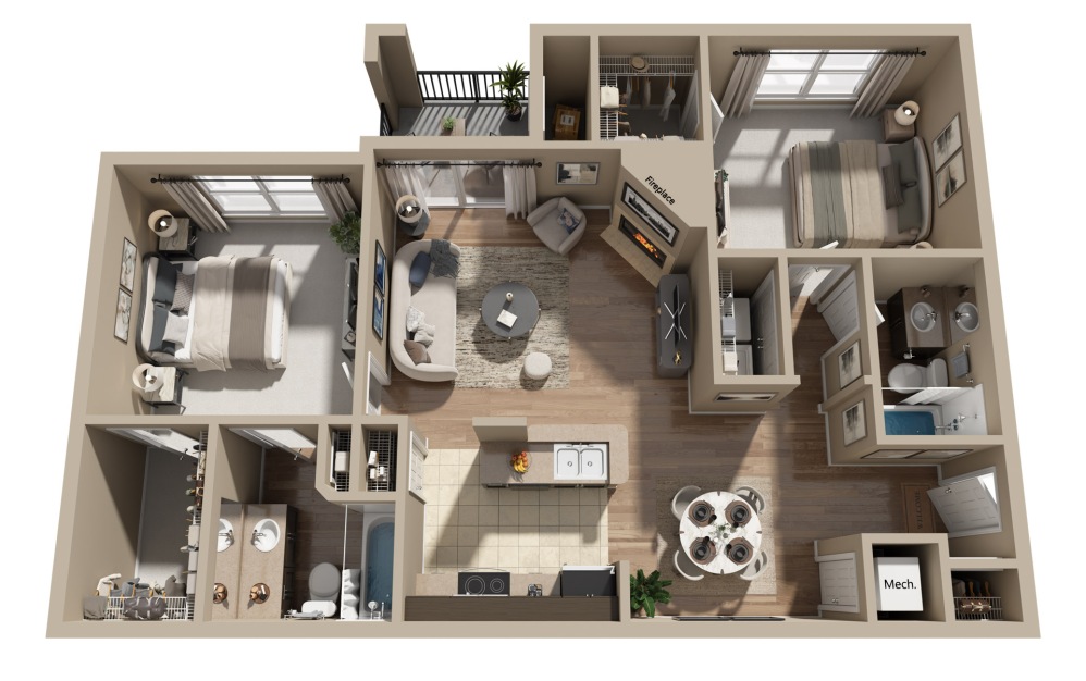 B1 - 2 bedroom floorplan layout with 2 bathrooms and 1057 square feet (3D)