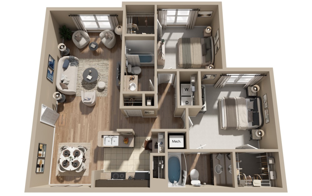 B2 - 2 bedroom floorplan layout with 2 bathrooms and 1065 square feet (3D)