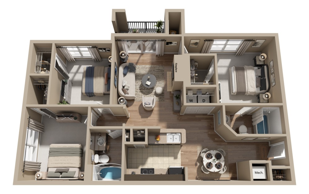C1 - 3 bedroom floorplan layout with 2 bathrooms and 1248 square feet (3D)